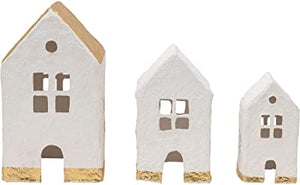 6-1/2"L x 6"W x 12"H, 4-1/4"L x 5"W x 8"H & 4"L x 3-1/2"W x 7"H HANDMADE PAPER MACHE HOUSES, WHITE & GOLD COLOR, SET OF 3