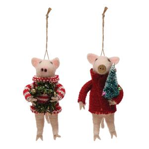 4-1/4"H WOOL FELT PIG IN SWEATER ORNAMENT HOLDING WREATH & TREE, 2 STYLES