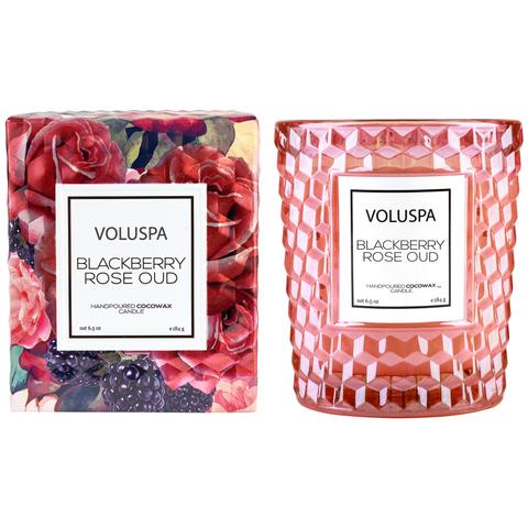 Voluspa Blackberry Rose Oud 6.5 Oz Boxed Classic Textured Glass Candle