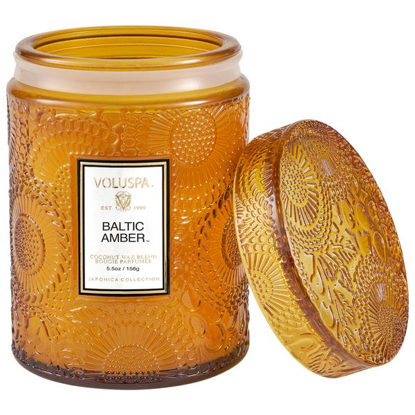 Voluspa Baltic Amber 5.5 Oz Embossed Glass Jar Candle W/ Glass Lid