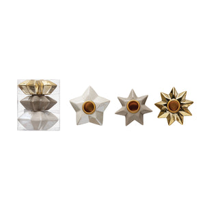 3-1/4" ROUND x 1"H STONEWARE STAR TAPER HOLDERS, MULTI COLOR, SET OF 3